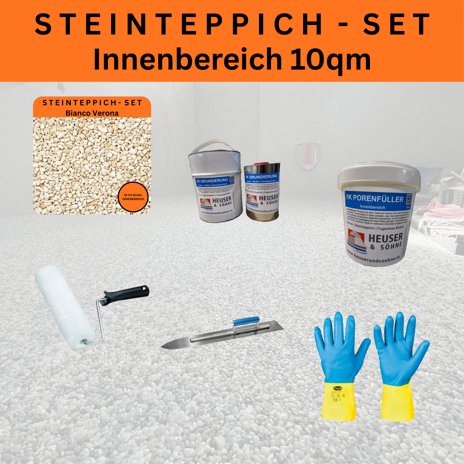 Steinteppich Komplettset 10qm Innen für Wohnzimmer, Küche, Bad (Groß)
