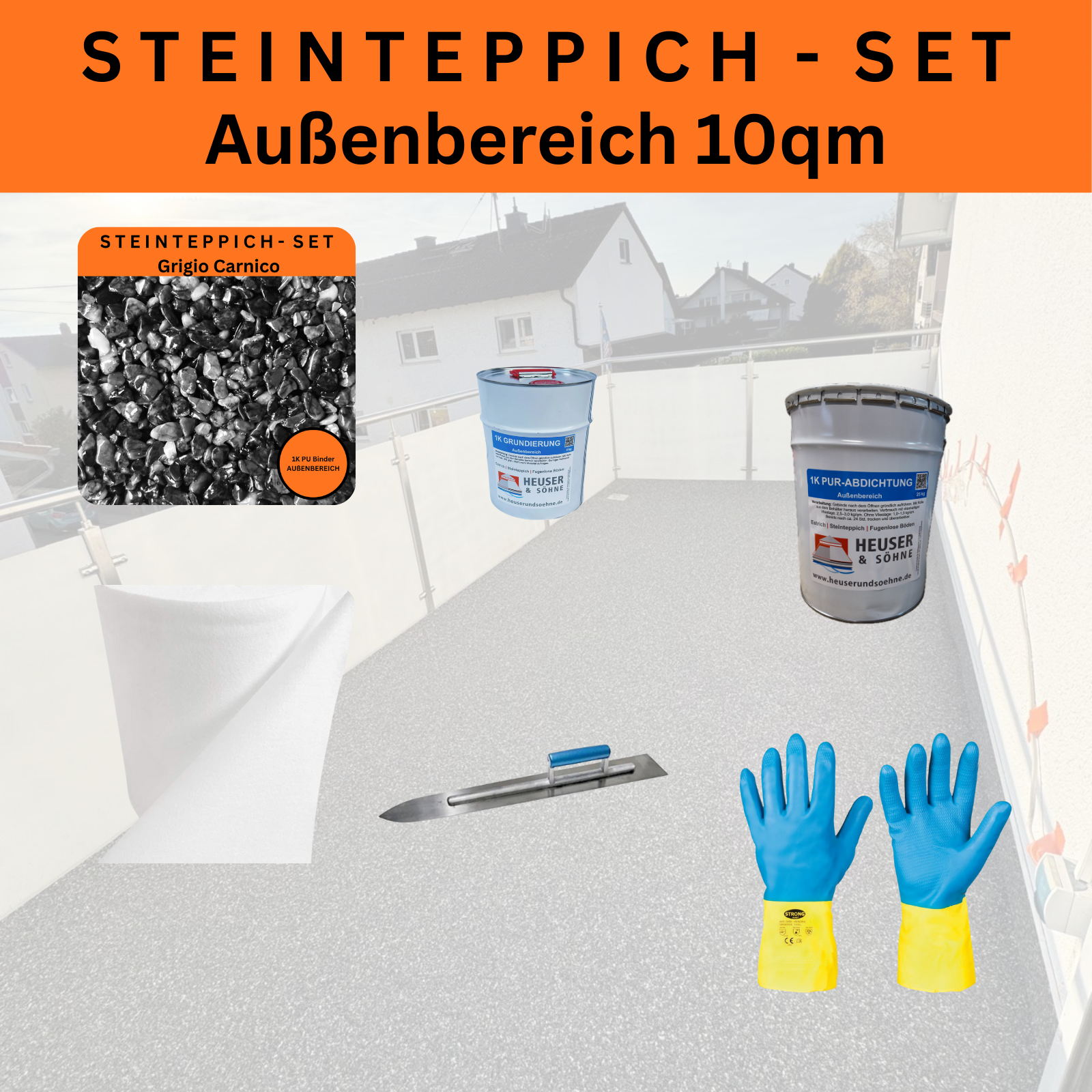 Steinteppich Komplettset 10qm Außen für Balkon, Terrasse, Treppe (Groß)