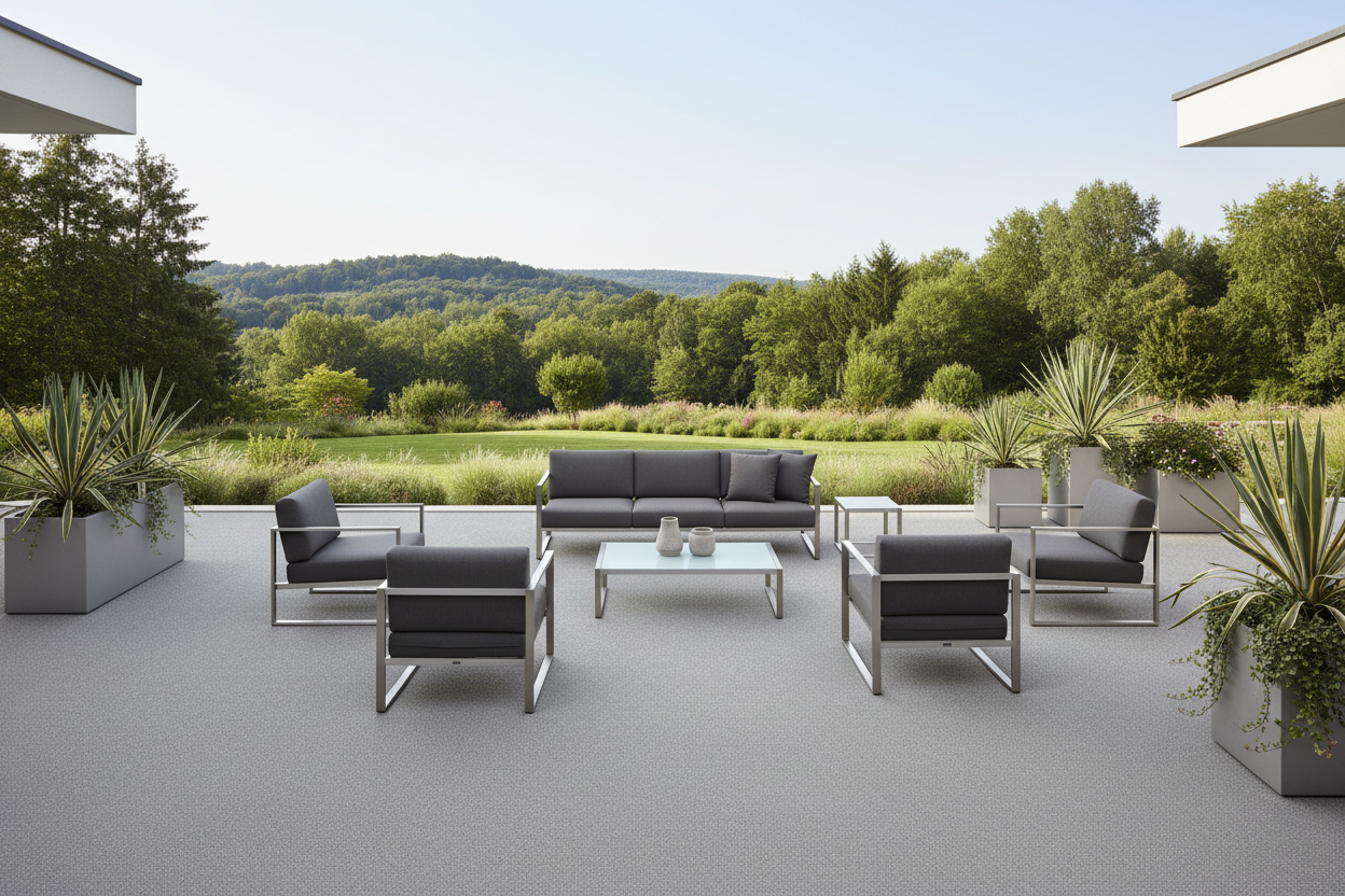erstelle mir ein Bild von einer Terrasse die mit einem Steinteppich versehen ist. Die Körnung des Steinteppichs beträgt 2-4mm. Es sollte eine schön aufgeräumte Terrasse sein, von der aus man ins Grüne schauen kann. Der Steinteppich hat die Farbe Grau oder Platin