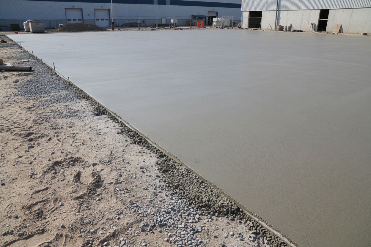 Zeige mir einen Estrich der draußen verlegt ist. Dieser sollte noch nicht ganz fertig sein, sodass man noch einen Teil der Bodenplatte aus Beton sehen kann. Das Bild sollte professionell wirken, ohne Menschen, Maschinen und Werkzeuge