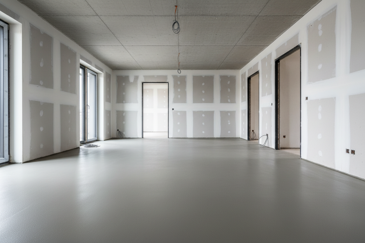zeige mir einen fertigen Estrich in einem Neubau. Das Gebäude ist noch nicht Eingerichtet und es fehlen noch Innentüren sowie Wandfarbe etc.